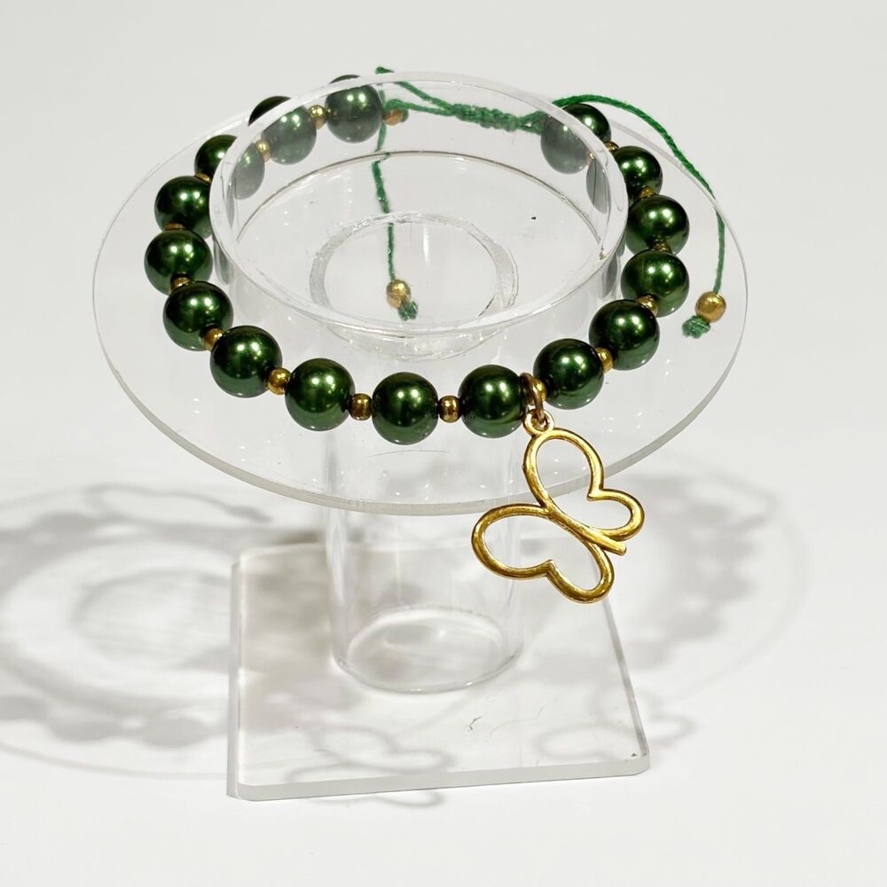 Green Beaded Bracelet Gold Butterfly Charm Adjustable Handmade Boho - Picture 3 of 5